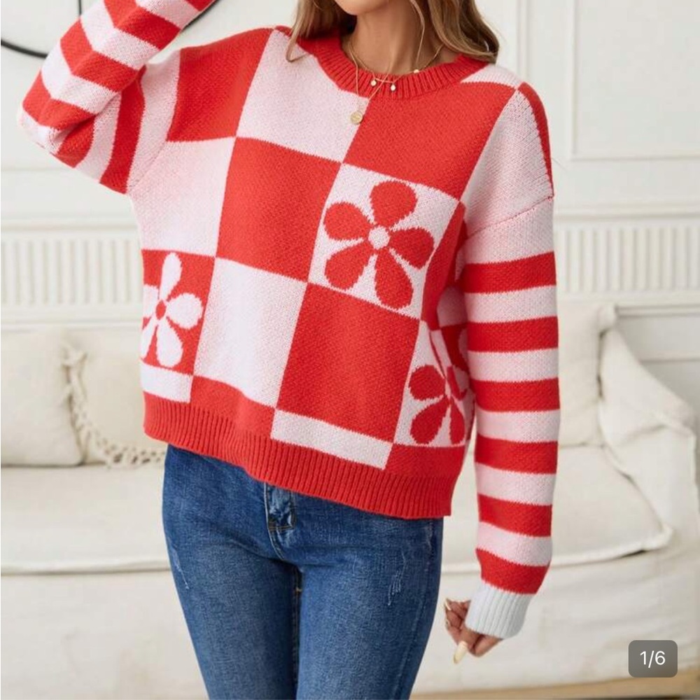 Red and White Floral Patterned Sweater